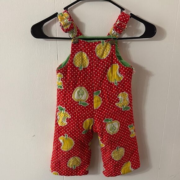 VINTAGE Red Polka Dot Kids Overalls with Apple Print - Picture 1 of 4